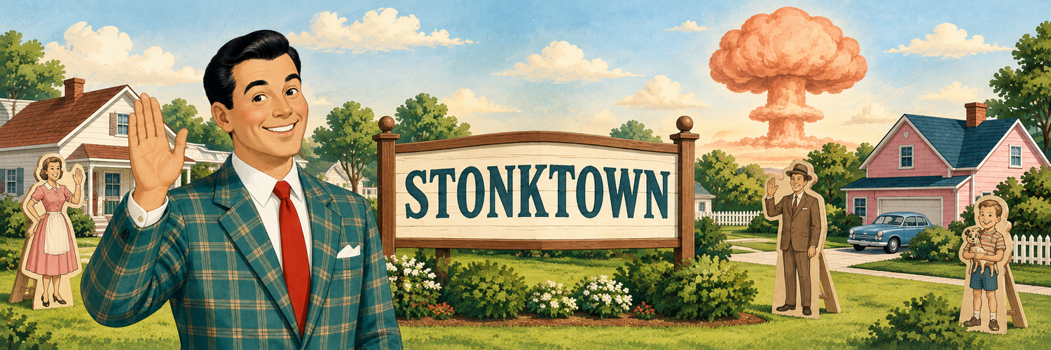 Stonktown banner — waving man, STONKTOWN billboard, mushroom cloud
